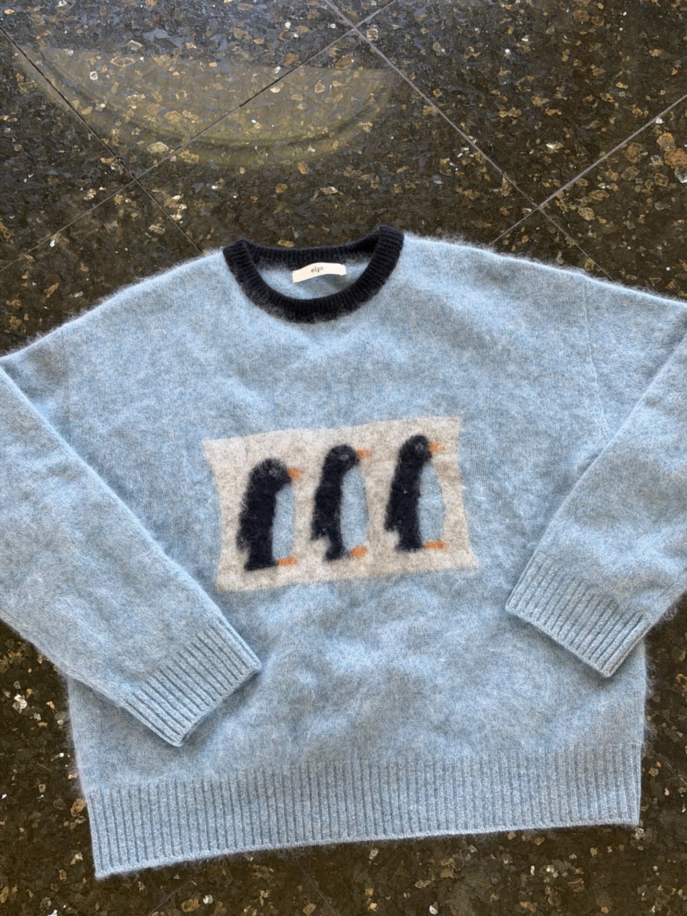 Cashmere Elsa Light Blue Fuzzy Crewneck Sweater with Penguin Motif